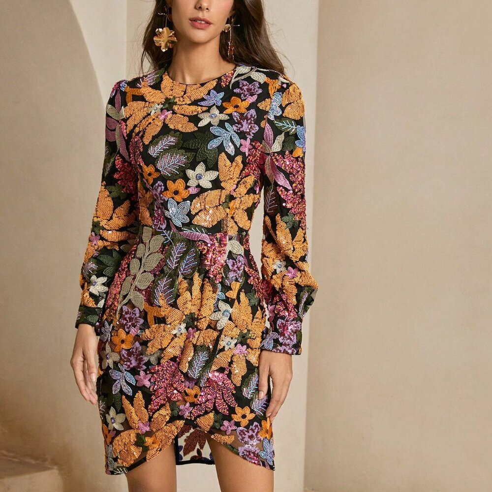 Black Elegant Women's Sequin Embroidered Print Long Sleeve Short Dress - Picture 4 of 7